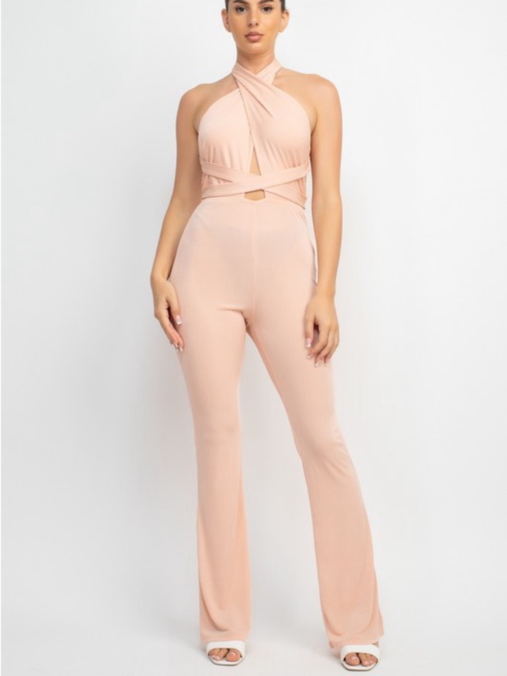 Deep Nude Halter Wide Leg Jumpsuit